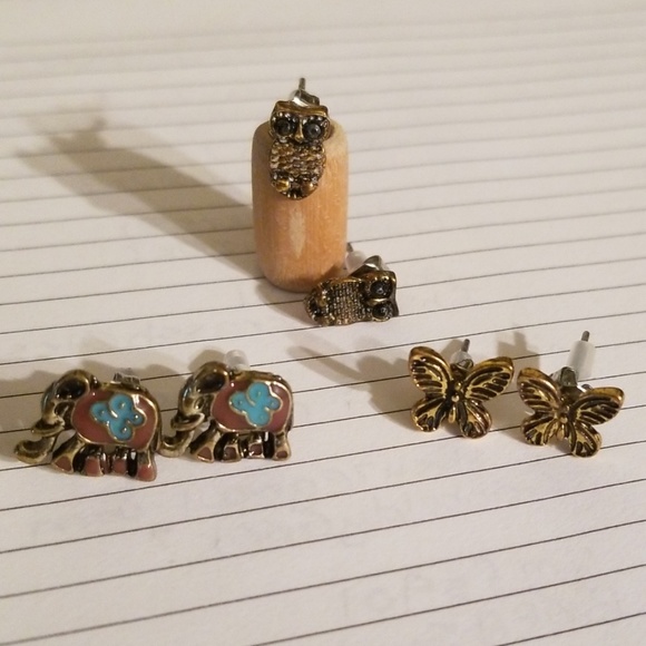NWOT 3 Pair Studs: Elephant, Owl, Butterfly - Picture 1 of 5